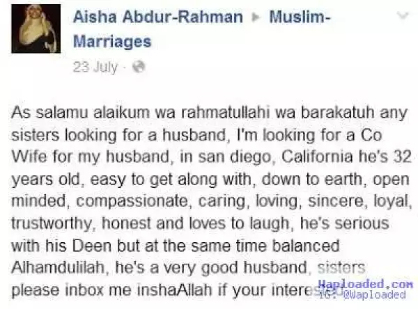 Woman Went To Facebook To Look For Co-Wife For Hubby, Says " All Men Are.... "